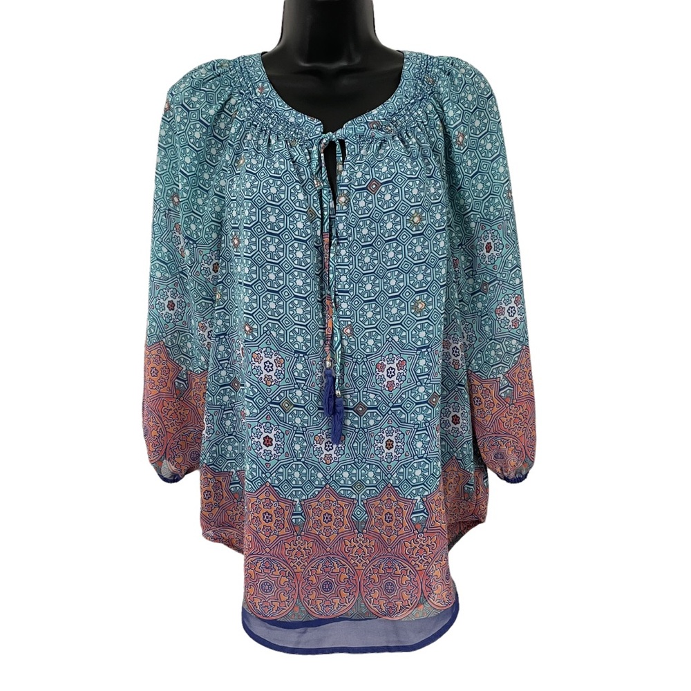 DANIEL RAINN floral boho chiffon lined long sleeve blouse shirred neckli…
